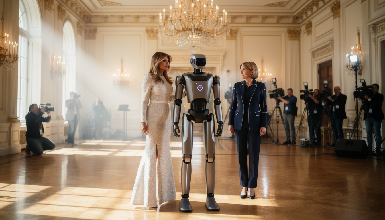 melania trump se promène dans les couloirs de la maison blanche accompagnée d’un robot, sous le regard attentif de brigitte macron.