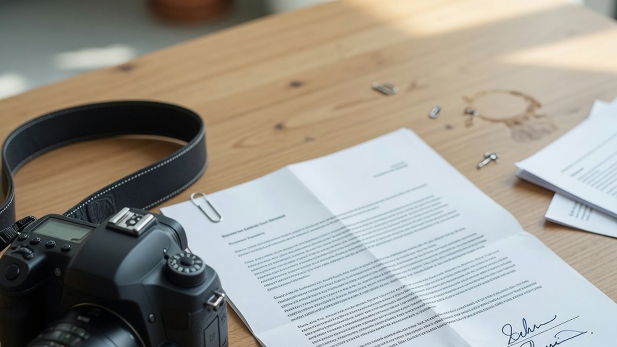 Appareil photo et formulaire de consentement sur un bureau, symbole de l'autorisation de droit à l'image en entreprise
