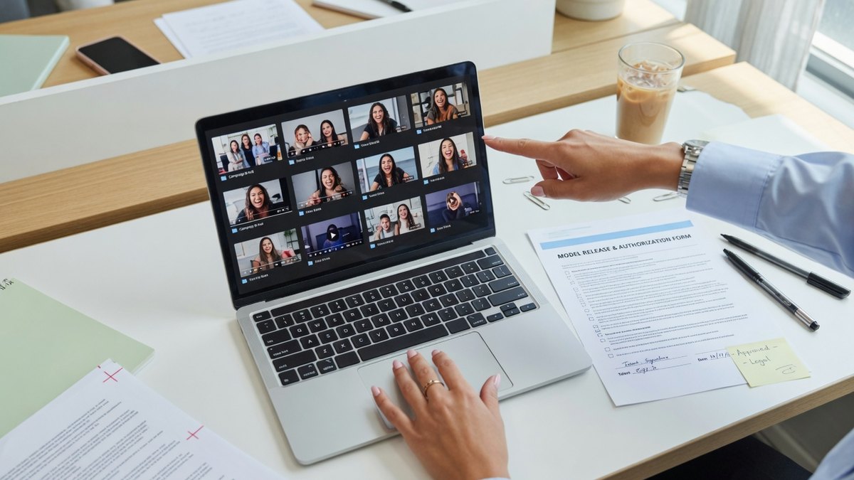 Équipe marketing vérifiant des visuels et un formulaire d'autorisation de droit à l'image au bureau