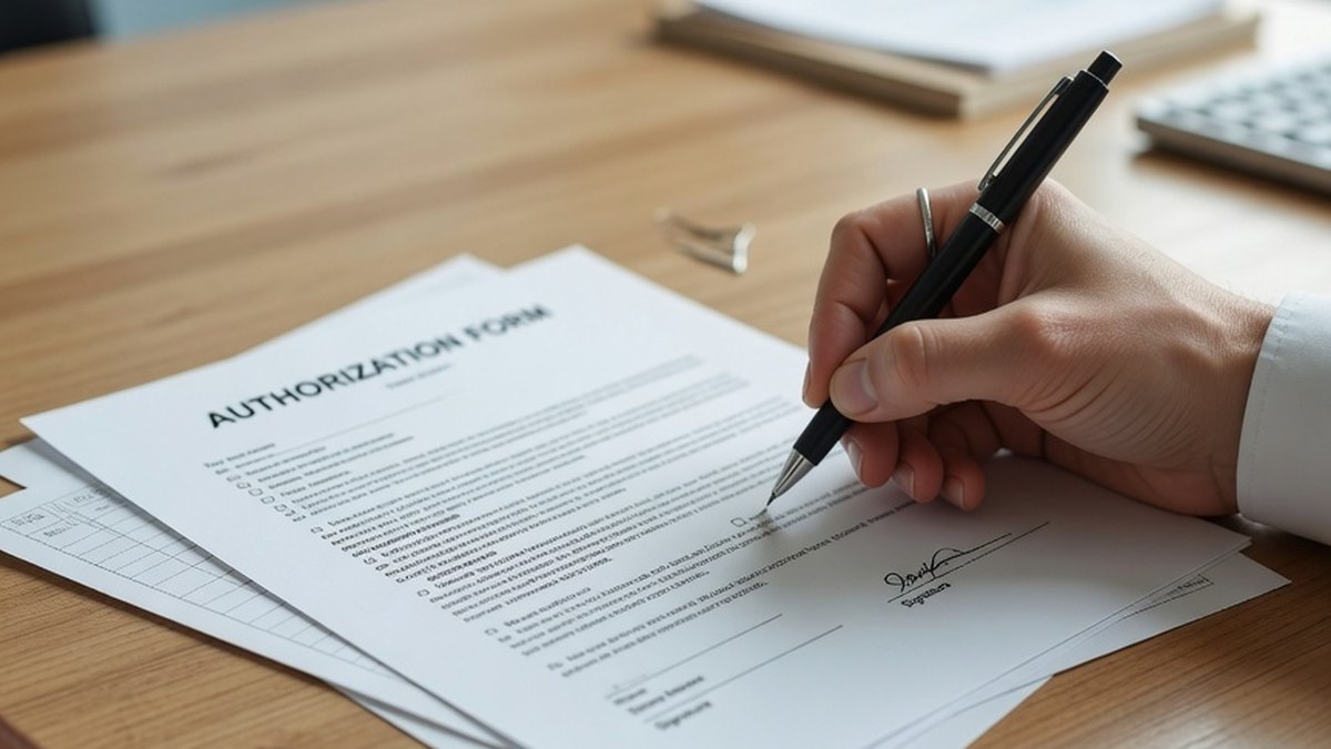 Document d'autorisation de droit à l'image en cours de signature sur un bureau
