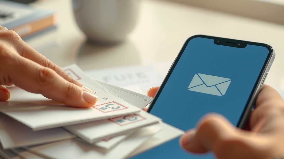 Comparaison visuelle entre des enveloppes de courrier postal et une boîte de réception email sur smartphone