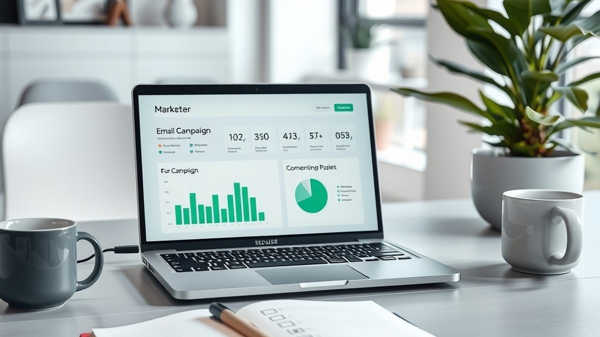 Poste de travail marketing avec ordinateur affichant un tableau de bord de campagne emailing