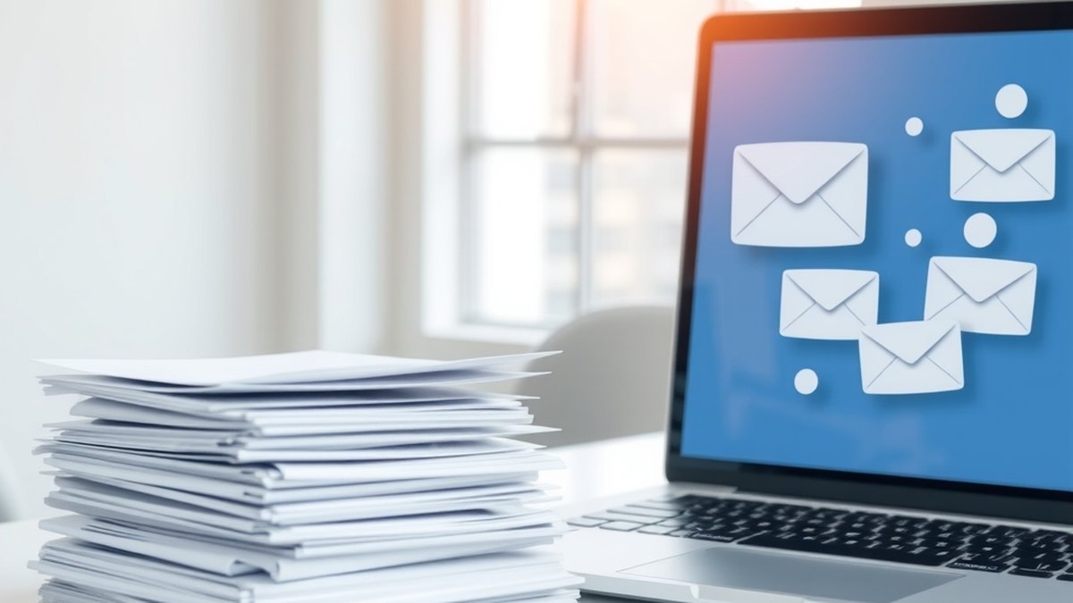 Bureau moderne avec des enveloppes de courrier postal d'un côté et un ordinateur portable affichant une interface email de l'autre, illustrant la différence entre mailing et emailing