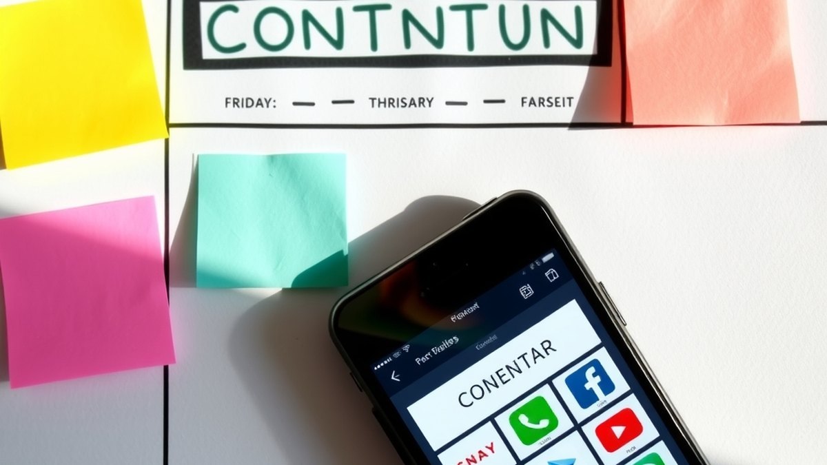 Tableau de planification avec notes colorées représentant un calendrier éditorial de réseaux sociaux