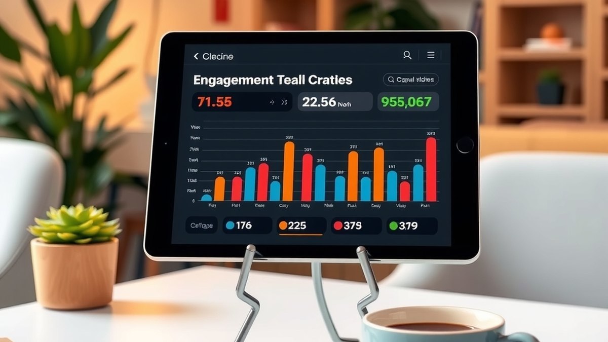 Espace de travail avec tablette affichant des graphiques d'engagement sur les réseaux sociaux