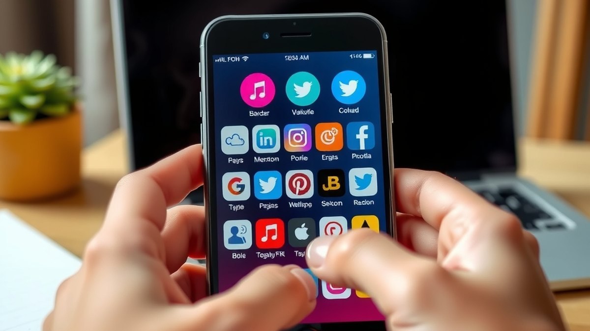 Smartphone affichant plusieurs applications de réseaux sociaux sur un bureau de travail