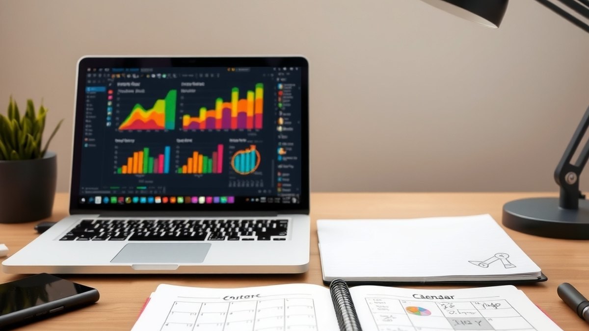 Bureau moderne avec ordinateur portable affichant des statistiques de réseaux sociaux et un calendrier de contenu