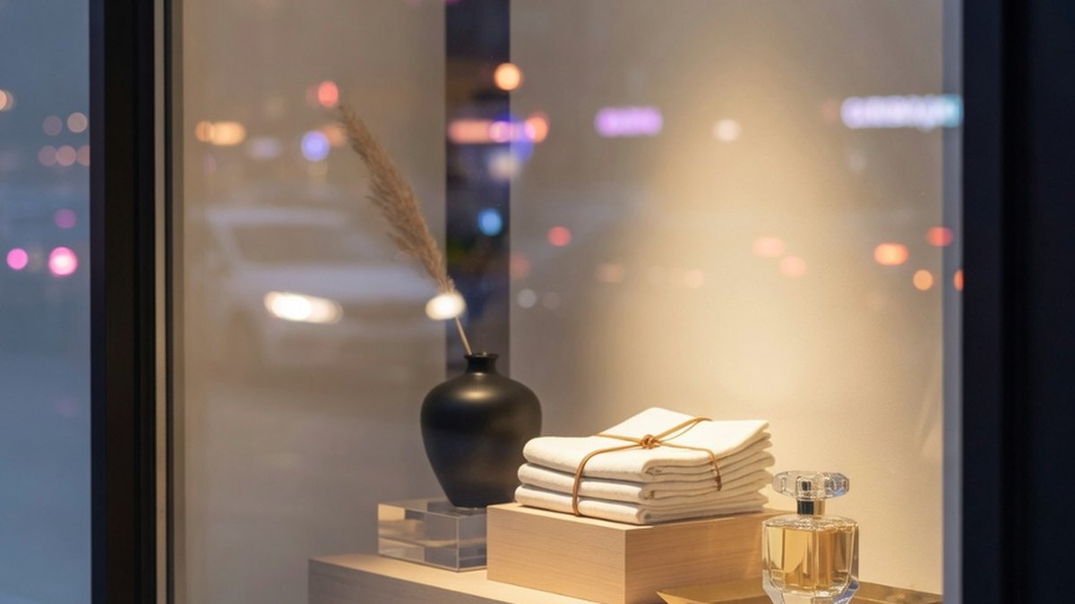Éclairage chaud et mise en scène épurée d'une vitrine de magasin