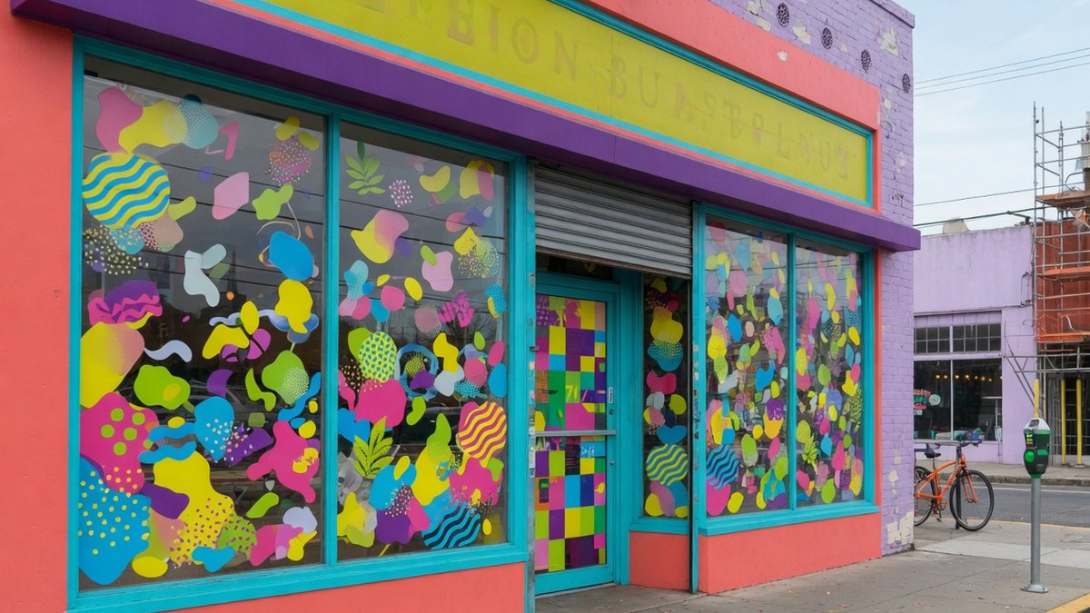 Vitrophanie et adhésifs décoratifs appliqués sur une vitrine de commerce