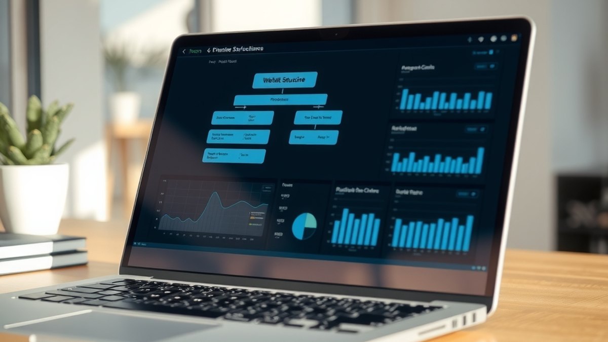 Écran affichant un schéma d'audit technique de site web avec des graphiques de performance