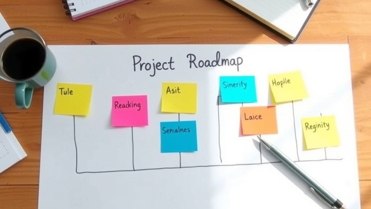 Feuille de route projet avec notes et planning posés sur un bureau en bois
