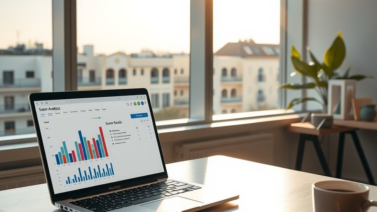 Bureau lumineux avec ordinateur affichant des graphiques de performance et vue sur une ville en arrière-plan