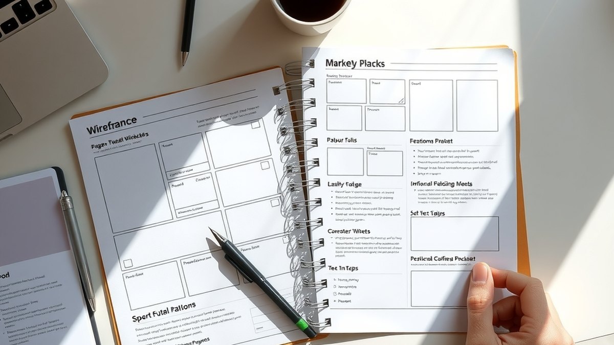 Croquis de différentes maquettes de pages disposées sur un bureau, illustrant les multiples types de landing pages possibles