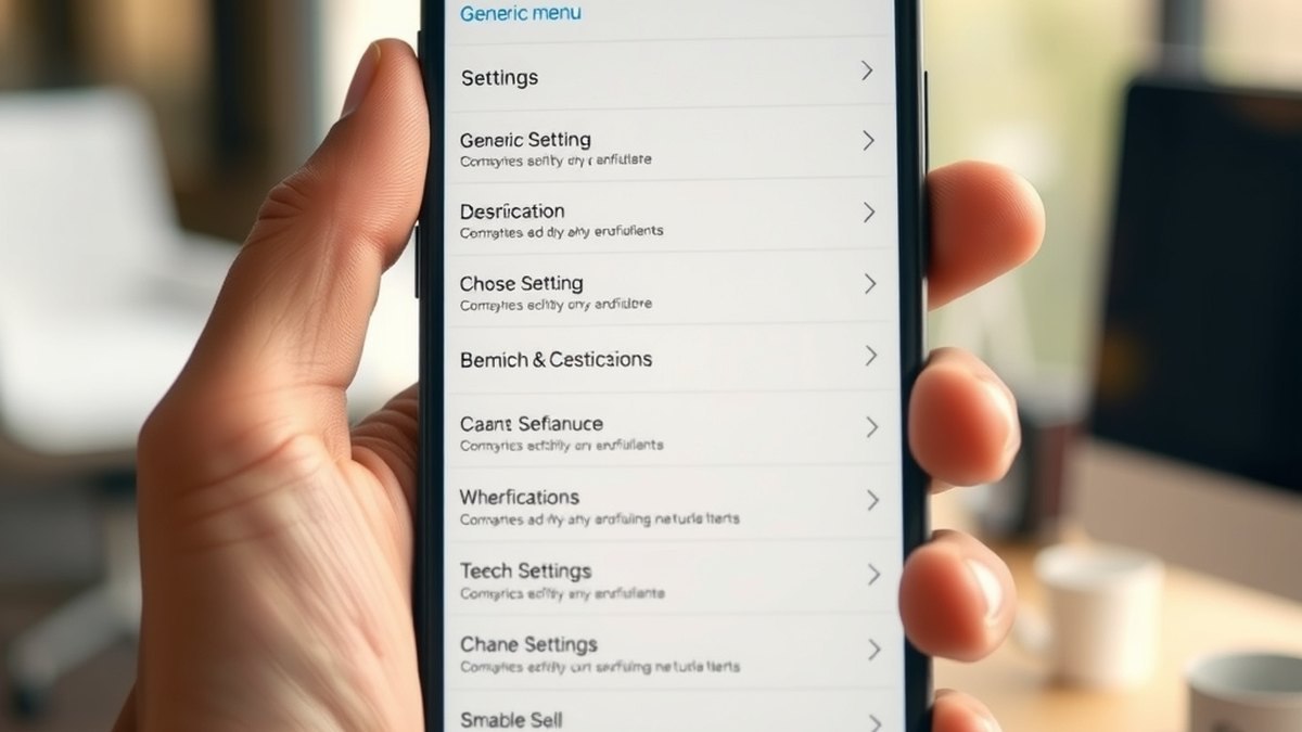 Main tenant un smartphone ouvert sur un menu de paramètres flouté, illustration de la navigation dans les réglages d'un compte