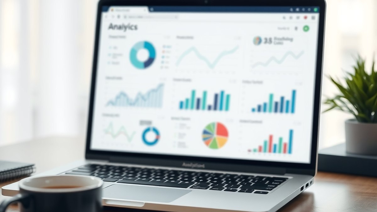 Ordinateur portable affichant un tableau de bord flouté avec des graphiques, symbolisant les statistiques d'un compte professionnel