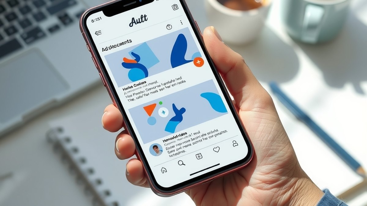 Smartphone affichant un fil d'actualité avec un emplacement publicitaire, posé sur un bureau de travail