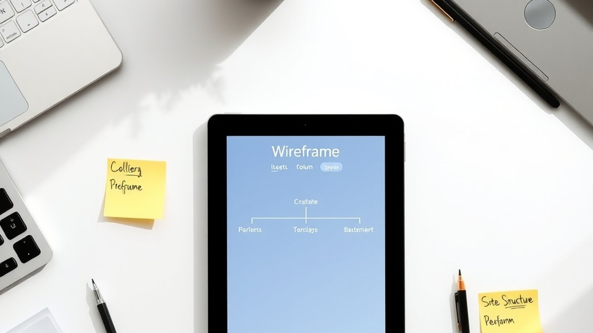 Arborescence de site web dessinée sur des notes adhésives à côté d'une tablette