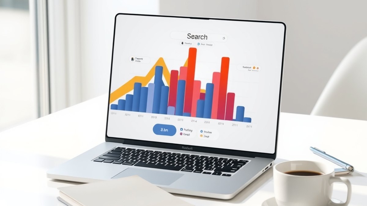 Poste de travail lumineux avec un ordinateur affichant des graphiques de performance de recherche en hausse
