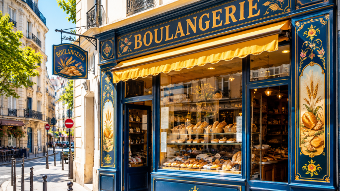 Devanture de boulangerie abandonnée la nuit avec le numéro fictif 01 23 45 67 89 peint sur la vitrine