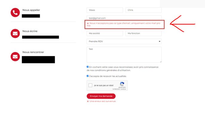 Capture écran d'un formulaire Elementor Pro - Autoriser uniquement les adresses email professionnelles dans les champs email des formulaires Elementor