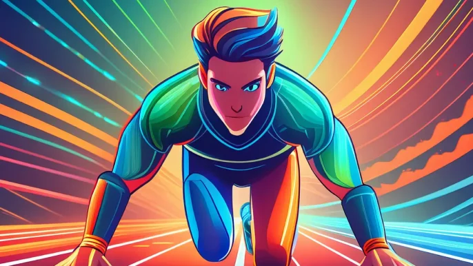 Un sportif dans les starting blocks représentant le site web qui s'apprête à courir pour atteindre la ligne d'arrivée qui représente la première page des moteur de recherche.