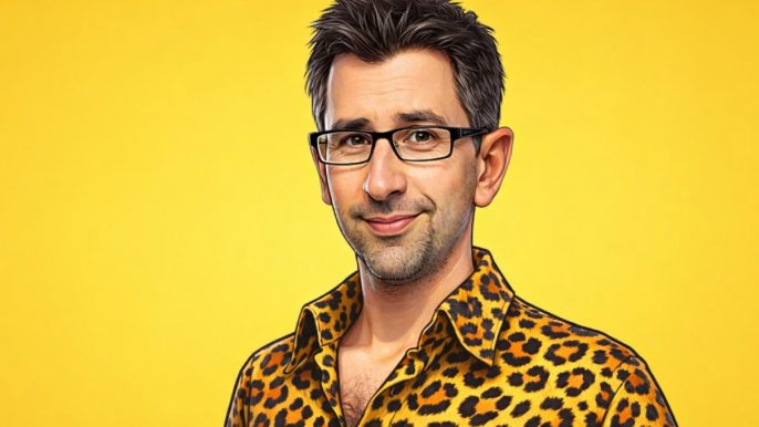 Caricature d’un homme avec lunettes en chemise léopard sur fond jaune, utilisée pour illustrer un article sur Jérôme Pasquelin et sa formation sur les noms de domaine expirés