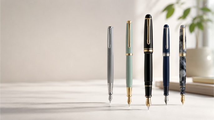 Cinq stylos alignés symbolisant la comparaison de cinq modèles d'IA de rédaction