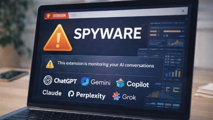 Écran d’ordinateur affichant une alerte “Spyware” indiquant qu’une extension Chrome surveille les conversations avec des IA comme ChatGPT, Gemini, Copilot, Claude, Perplexity et Grok.