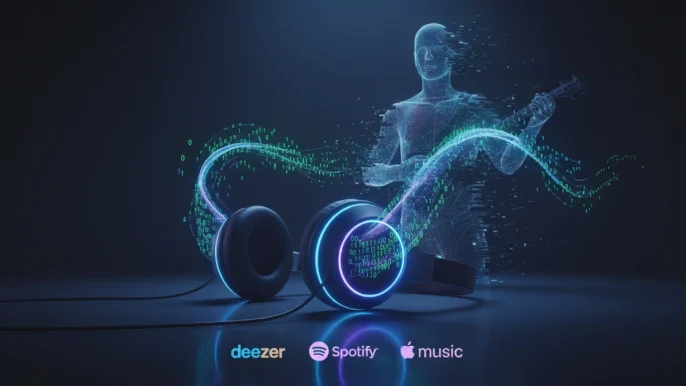 Illustration conceptuelle montrant des écouteurs diffusant du code binaire à la place de la musique, symbolisant l'invasion de l'IA dans le streaming audio.
