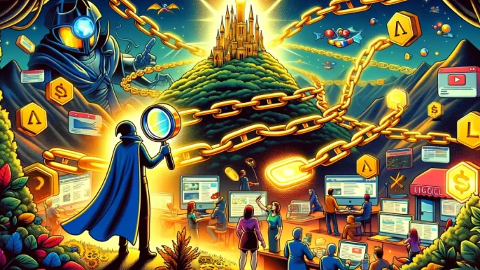 Scène de bande dessinée illustrant les stratégies d'achat de backlinks dans le SEO, avec un héros examinant des liens menant à un château web, symbolisant l'importance de la qualité des liens pour le classement sur Google.