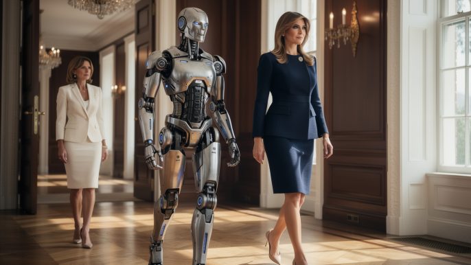 melania trump se promène à la maison blanche accompagnée d'un robot, sous le regard attentif de brigitte macron, dans une scène inattendue mêlant technologie et diplomatie.