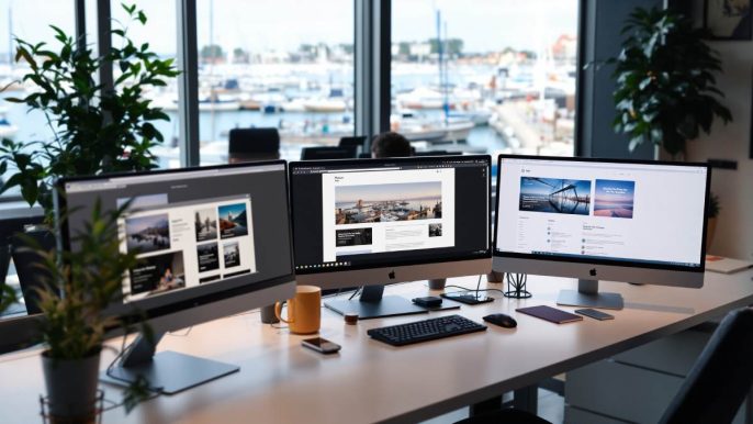 Bureau d'agence web moderne à La Rochelle avec développeurs travaillant sur des projets digitaux