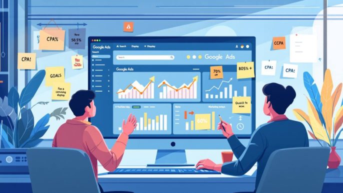 Illustration d’une équipe qui optimise des campagnes Google Ads avec tableaux de bord et indicateurs de conversions