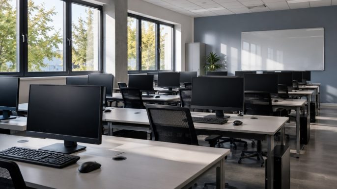 Salle de classe informatique vide illustrant la fermeture de l'école ALGOSUP à Vierzon