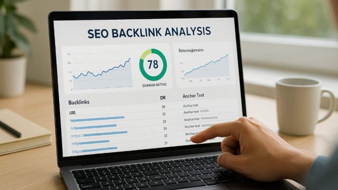 Ordinateur affichant des outils d’analyse de backlinks avec des données SEO