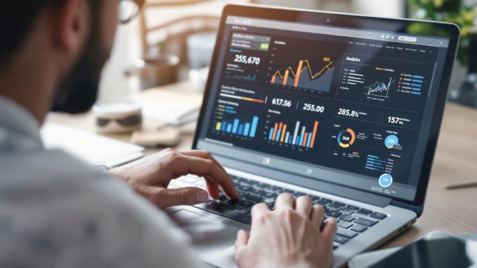 Un auteur travaillant sur un ordinateur portable, analysant ses performances SEO et son engagement en ligne.