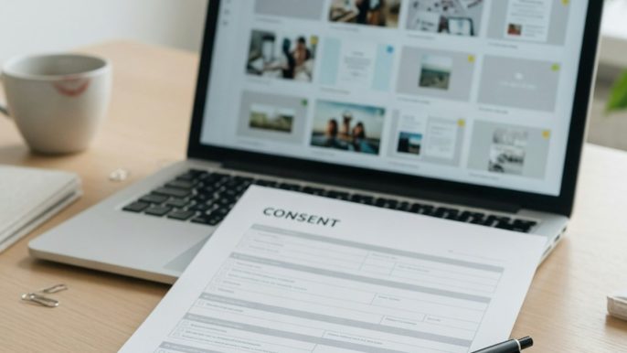 Formulaire d'autorisation posé sur un bureau avec un ordinateur portable en arrière-plan