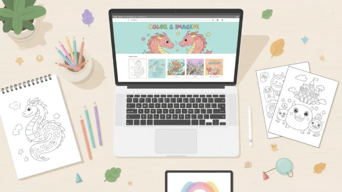 Illustration moderne montrant des feuilles de coloriage, un ordinateur et des outils créatifs pour représenter le business du coloriage en ligne