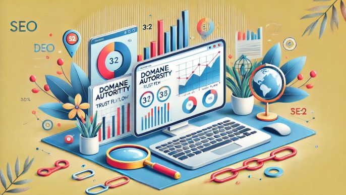 Illustration d'un site web moderne avec des graphiques analytiques représentant des métriques comme l'autorité du domaine (DA), le Trust Flow (TF) et le trafic organique, avec des éléments SEO comme une loupe, des chaînes de liens et un globe terrestre, parfaite pour un article sur le calcul du prix de vente de liens dans les campagnes de netlinking.