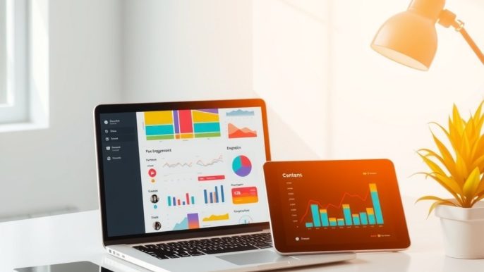 Bureau de community manager avec ordinateur et tablette affichant un calendrier de contenu et des statistiques de réseaux sociaux
