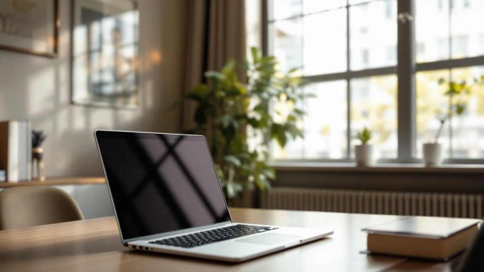 Bureau d’avocat moderne avec ordinateur portable et lumière naturelle