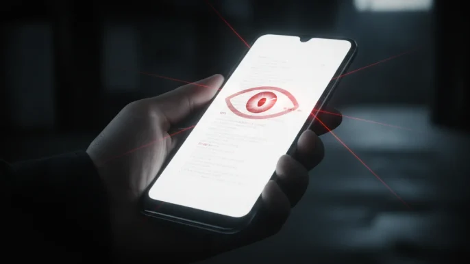 Illustration percutante d'un smartphone scanné par un œil numérique rouge lumineux, symbolisant la fin de la vie privée avec le Scan Local.