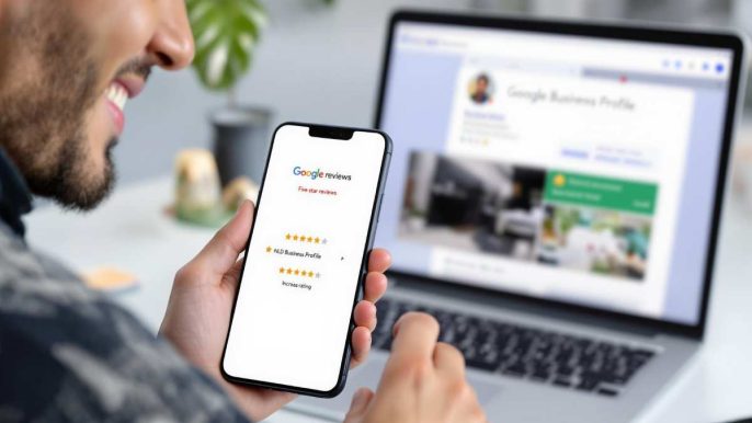 Entrepreneur demandant un avis Google avec un smartphone et une fiche Google Business affichée en arrière-plan.