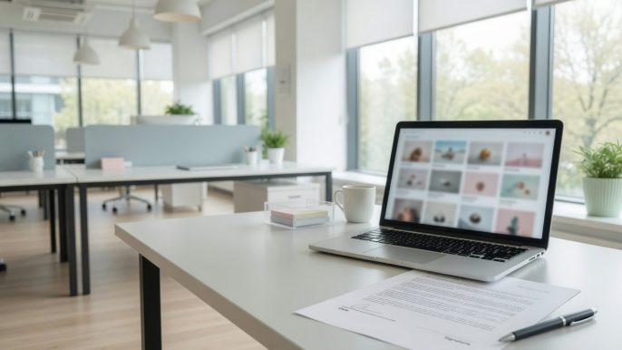 Bureau lumineux avec ordinateur portable et document d'autorisation posé sur une table, illustrant le cadre juridique du droit à l'image en entreprise