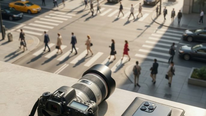 Appareil photo et smartphone filmant une rue animée, illustration du droit à l'image en contexte professionnel