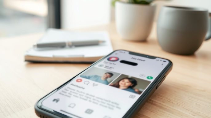 Smartphone affichant une interface floutée d'application mobile sur un bureau clair, illustrant la gestion des paramètres d'un compte professionnel