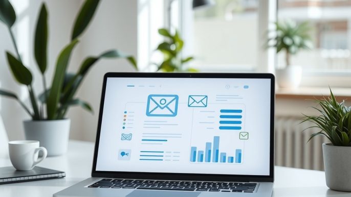 Illustration d'une campagne d'emailing visualisée sur un écran d'ordinateur dans un environnement de bureau lumineux