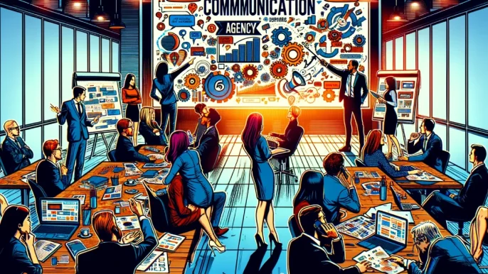 Équipe de l'agence de communication collaborant sur une stratégie créative, avec présentation et brainstorming intensif.