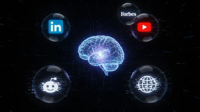 Illustration conceptuelle d'un cerveau numérique entouré des logos Reddit et Wikipedia qui s'effacent au profit de sources comme LinkedIn et Forbes