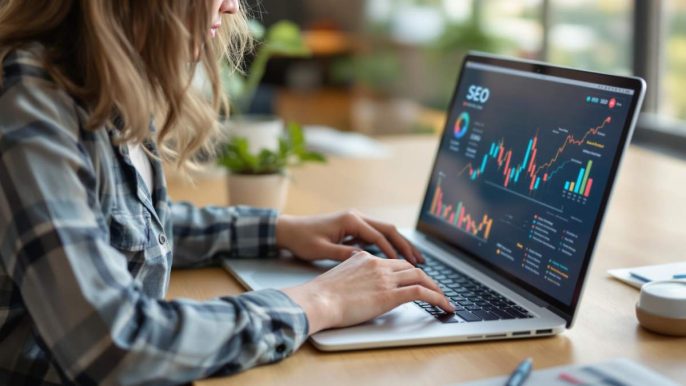 Femme concentrée en train d’optimiser des mots-clés